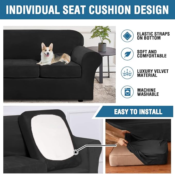 H.VERSAILTEX Real Velvet Plush 3 Piece Stretch Sofa Covers Couch Covers for 2 Cushion Couch Loveseat Covers Width Up to 72 Inch Feature Thick Soft Stay in Place (Medium Sofa, Black) - Image 6