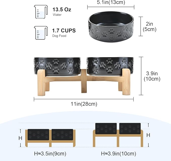 SPUNKYJUNKY Elevated Dog Bowls Ceramic, 5.1'' Dogs and Cat Food Water Bowls Raised with Non-Slip Bamboo Stand for Puppy Small Sized Breed Microwave Dishwasher Safe - 13.5 OZ,Paw Black - Image 2