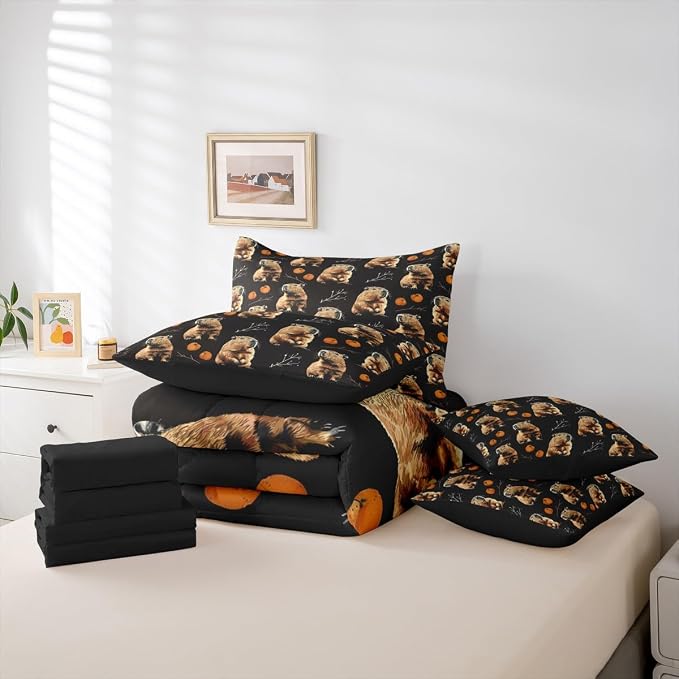 Erosebridal Kids Kawaii Capybara King Size 7-Piece Bedding Set for Capybara Lovers, Cute Animal Bed in A Bag, Peach Printed Comforter Set with Sheets, Cartoon Fruit Bedding Comforter Sets, Black - Image 5