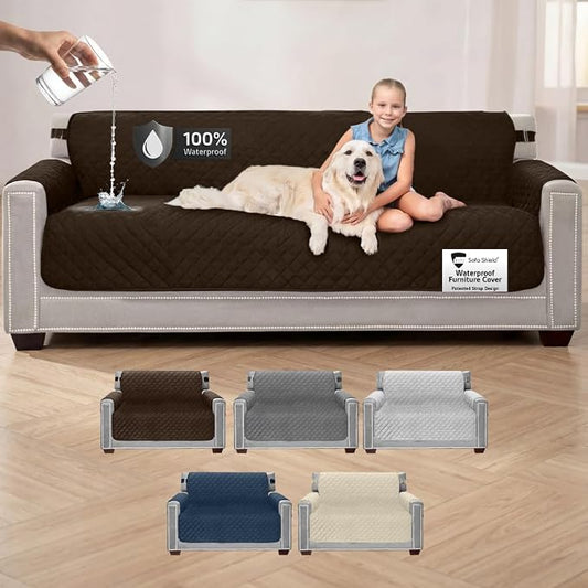 Sofa Shield 100% Waterproof Couch Cover with Patented Straps, Slip and Stain Resistant Furniture Protector, Machine Washable Sofa Slipcover for Dogs Cats Pets & Kids, 78 inch Seat, Oversized, Brown by SofaShield
