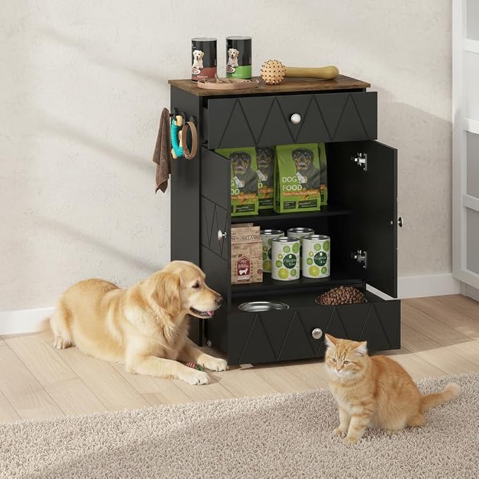 Pet Feeding Station with Storage, Raised Dog Bowls, Pet Feeder Cabinet, with Adjustable Shelves, Rolling Drawer, Hooks, for Feeding & Watering Supplies (Black) - Image 7
