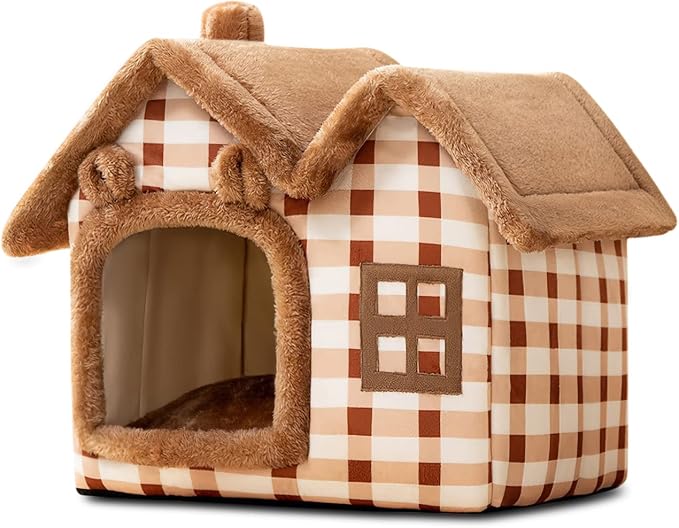 Cat Cave Bed, Warm and Cosy Plush Cat Igloo, Washable Dog Bed with Removable Pillow Cushion, Improve Sleep, Foldable Cat House(L, Brown) by BOSERMEN