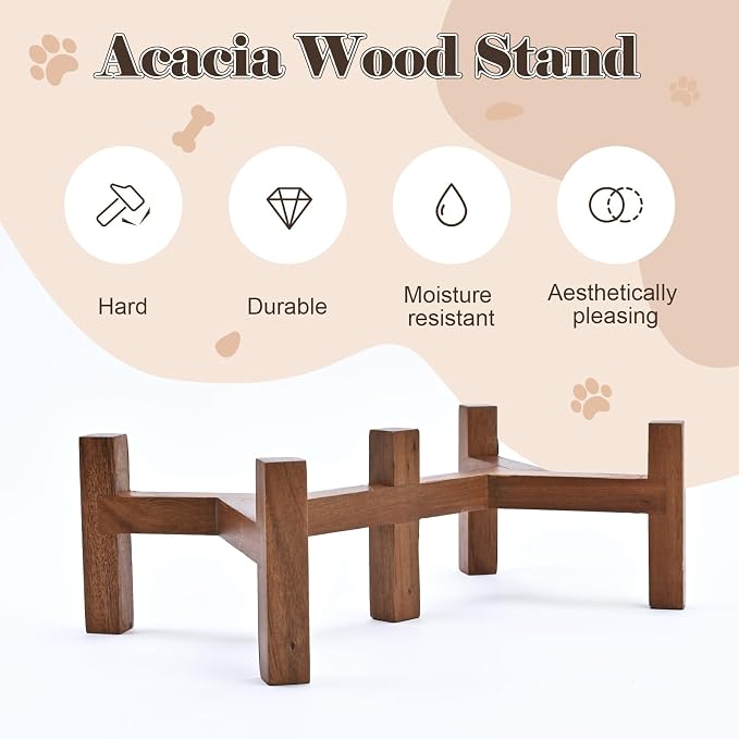 SPUNKYJUNKY Ceramic Dog Bowls with Acacia Wood Stand - Raised Dog Food and Water Bowl Set for Medium Dogs (28.74 OZ, Gray) - Image 4