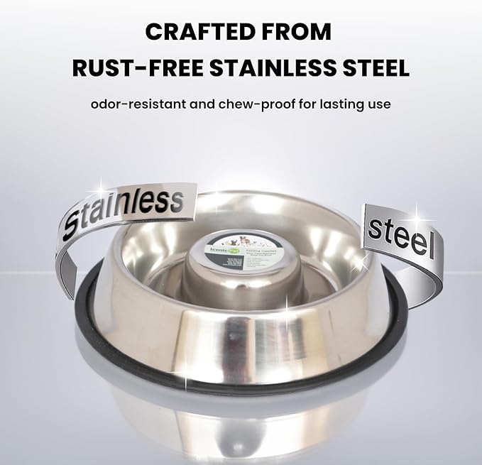 Iconic Pet Set of 2 Stainless Steel Non-Skid Slow Feed Bowls for Large Dogs (48 oz) - Ideal for Food and Water, Durable Design with Raised Center - Image 4