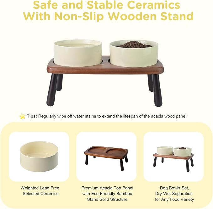 SPUNKYJUNKY Ceramic Elevated Dog Bowls Raised with Acacia Bamboo Wooden Stand, 6.1'' Dog and Cat Food Water Bowls Set Non-Slip for Small Medium Sized Breed Microwave Dishwasher Safe - 28.7 OZ,Beige - Image 5