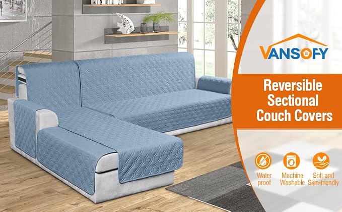 VANSOFY Sectional Couch Covers 100% Waterproof L Shaped Sofa Slipcover 3pcs Reversible Chaise Lounge Cover for Sectional Sofa Furniture Protector Cover for Pets Dog Cat(Large, Azuree) - Image 2