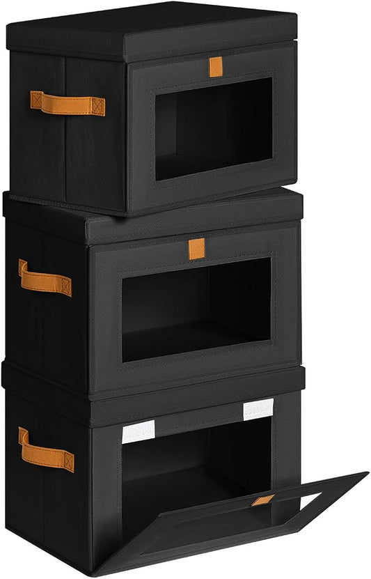 Homsorout Medium Fabric Storage Bins - Closet Shelf Organizer with Open Window, 3 Pack Closet Baskets for Shelves, Stackable Decorative Boxes for Home, Dorm, Black, 13.7" x 9.8” x 9.8" by Homsorout