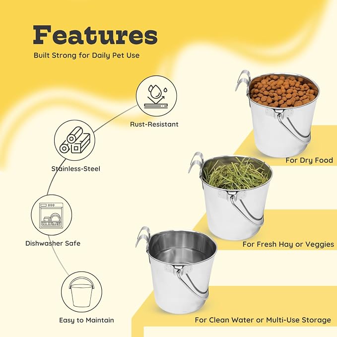 6 Quart Stainless Steel Flat Sided Bucket with Dual Hooks | 2 Pcs Food & Water Bowl for XL Dog Goat Cattle Horse & Livestock | Fits kennel Crate Cages Farm Hanging Pet Pail | Multipurpose - Image 3