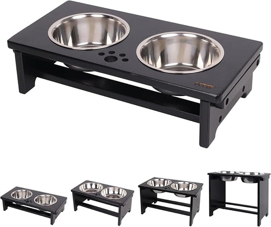 HTB Elevated Dog Bowl Stand with 2 Stainless Steel Bowls-4" H Small Black | Raised Dog Bowl Stand, 4"tall, 21 Oz Bowls, for Small Sized Dogs, Pet-safe, Solid Bamboo by HTB