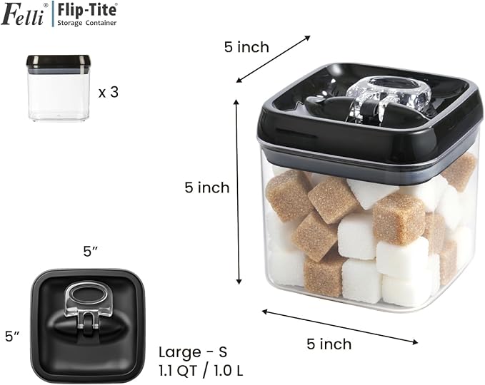 Felli Flip Tite Food Storage Container 5" LARGE Size Airtight Lid Lock Top, Stackable Kitchen Canister for Space Saving, Pantry Fridge Cupboard Organizer, Spice Seasoning Pet Treats Snack (1.1 qt) - Image 3