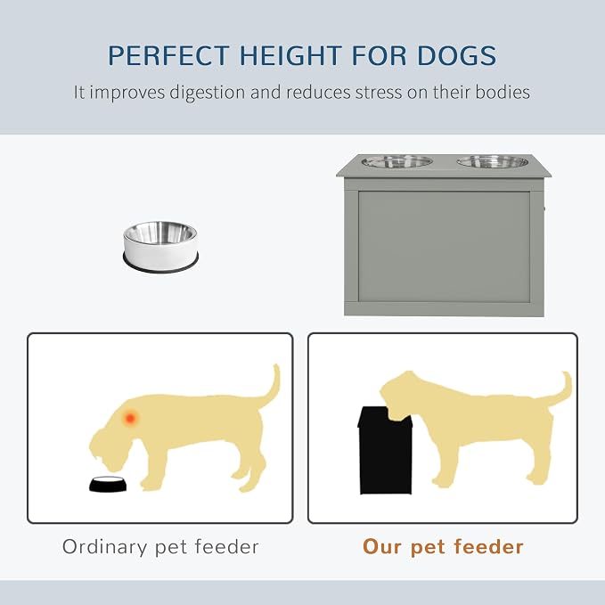 PawHut Raised Pet Feeding Storage Station with 2 Stainless Steel Bowls Base for Large Dogs and Other Large Pets, Gray | with2 Stainless Steel Bowls Base for Other Large Pets - Image 5