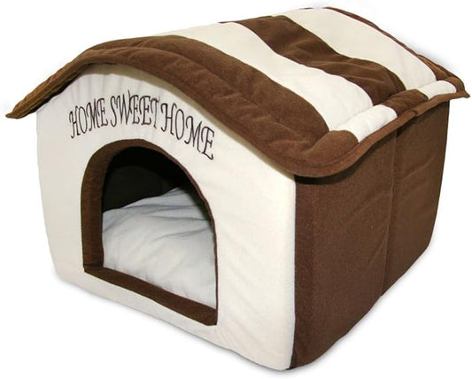 Best Pet Supplies Cat Bed for Indoor Cat, Domed Tent House with Removable Pillow, Covered Cat Cave for Small Dog, Puppies and All Breeds of Cats - Beige w/ Brown Stripes, 16 x 16 x H:14" by BestPetSuppliesLLC