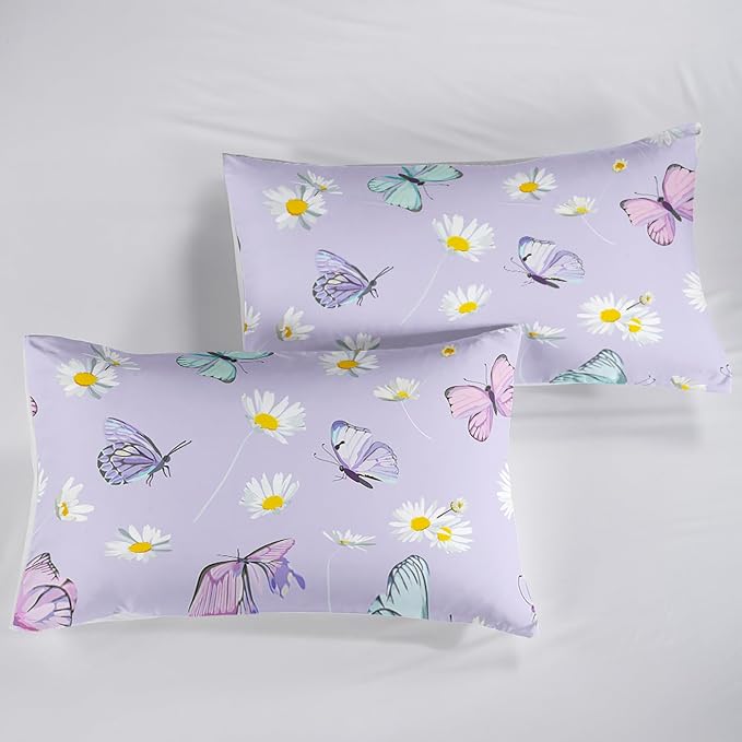 QOOMO Butterfly Comforter Set for Kids Teens Girls Women,Daisy Kids Comforter,1 Comforter with 2 Pillowcase, Microfiber 3 Piece Bedding Set,for All Seasons，King Size - Image 6
