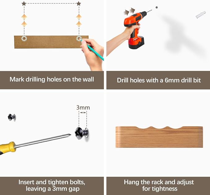 Coat Rack Wall Mount with Hidden Hooks, Wall Hooks with Shelf, Wall Key Holder Mount Wooden Shelf Entryway Hooks for Bedroom Bathroom for Hanging Coats Hats Bags Towels (Oak Wave-Shape, 8 Hooks) - Image 6