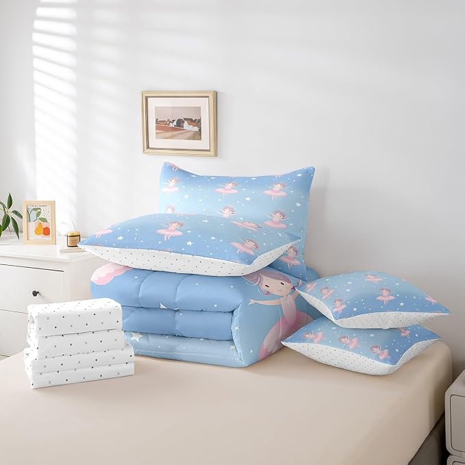 Feelyou Ballet Girls 7 Piece Bedding Set Twin Size - Cute Comforter Set With Sheets for Kids, Teens, Toddler - Dancing Girl Bed in a Bag With Star Pattern - Image 6