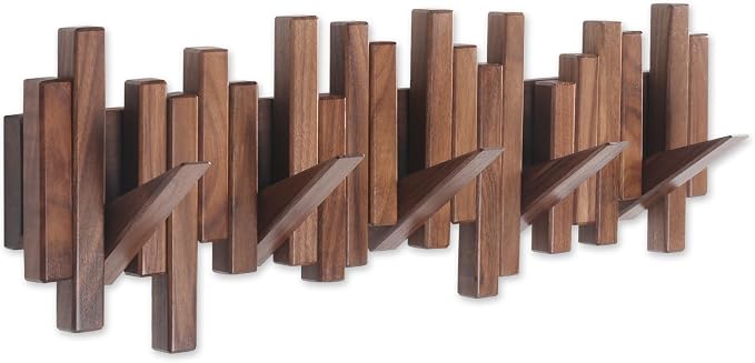 DESAINOPH® Wooden Coat Rack Wall Mounted Sticks Multi Rack Solid Handmade Natural Walnut Wood Artwork with 5 Flip-Down Unique Modern Hooks for Coats Bag Hat Umbrella | Natural Wood Handmade Unique Hanger for Coats Bag Hat Umbrella key Wall Art In the f... by DESAINOPH