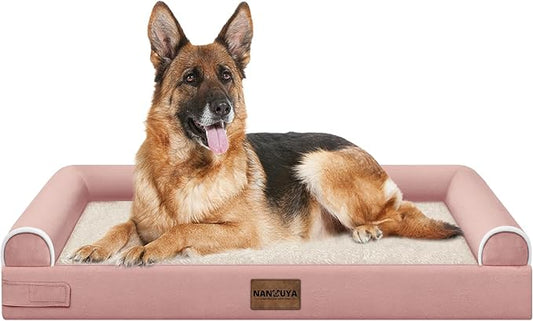 NANUYA Orthopedic Dog Bed for Jumbo Dogs, 48 x 33 Inch, Pink | Egg crate foam for joint support, 3-sided bolster pet sofa, waterproof lining, washable cover, and non-skid base by Nanuya
