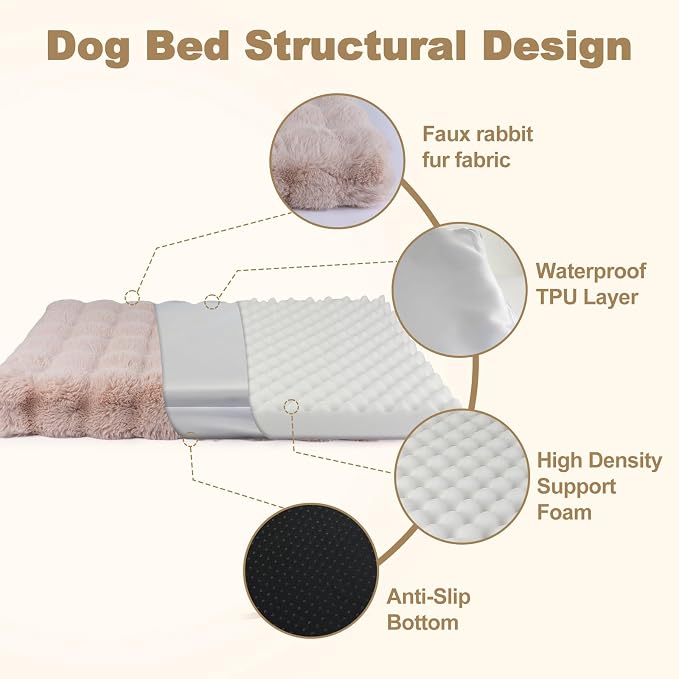 Orthopedic Dog Beds for XL Dogs, Fluffy Faux Rabbit Fur Pet Bed with Removable Washable Cover, Dog Bed Mat with Egg Crate Foam & Waterproof Lining, Anti Slip Bottom, Light Khaki,44"x32"x4" - Image 5