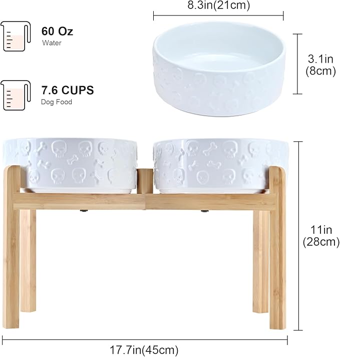 SPUNKYJUNKY Elevated Dog Bowls Ceramic, 8.3'' Dogs Food Water Bowls Raised with Non-Slip Bamboo Stand for Large Sized Breed Microwave Dishwasher Safe - 60 OZ,Skull White - Image 2