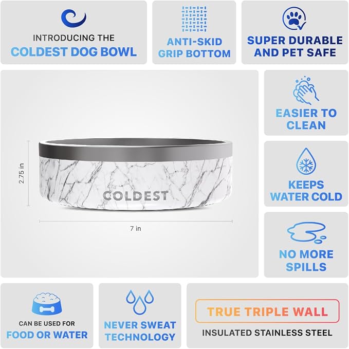 Coldest Dog Bowl - Anti Rust Metal & Non Slip Dog Bowls Large, Spill Proof Heavy Duty 3 Layers Insulated Dog Bowl - Food and Water Bowl for Dogs, Cats & Pets, Dishwasher Safe (42 oz, Carrara Marble) - Image 5