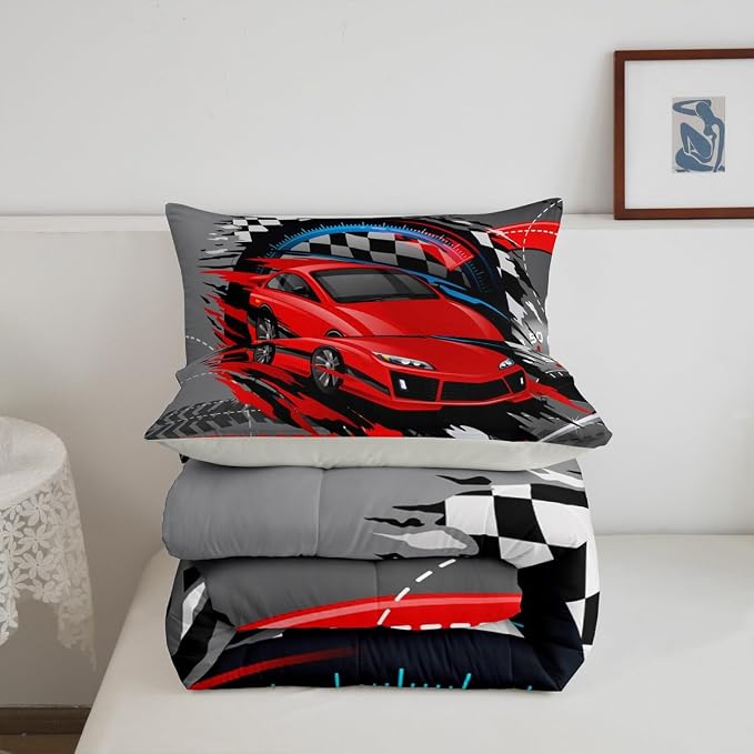 Homewish Sports Car Comforter Set Queen,Red Race Car Extreme Sport Bedding Set 3pcs for Kids Teens Boys,Competitive Gaming Duvet Insert Set Black White Grid Quilted Duvet Set with 2 Pillowcases,Grey - Image 6