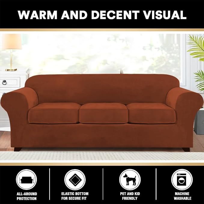 PrinceDeco Velvet Couch Covers for Sofa Soft 4 Pieces Couch Covers for 3 Cushion Couch Sofa Pet Friendly Furniture Protector with Non Slip Elastic Bottom Width Up to 97 Inch (Large Sofas, Rust) - Image 6