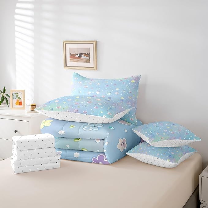 Feelyou Cute Flower 7 Piece Bedding Set King Size Cartoon Flower Bed in a Bag for Kids Girls Teens Toddler Rainbow Comforter Set with Sheets Cartoon Bed Set - Image 6