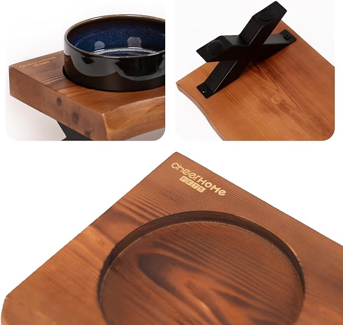 CHEERHOME PETS Raised Cat Ceramic Bowls for Small and Medium Dog, Solid Wooden Dog Food Bowl with Stand, Food Feeding Dishes Water Bowl for Cats and Puppy(Grilled Pine Wood) - Image 4