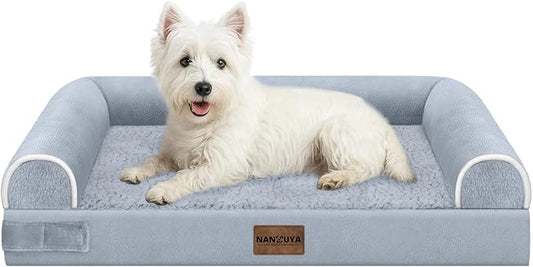 NANUYA Orthopedic Dog Bed for Medium Dogs, 28 x 19 Inch, Light Grey | Egg crate foam for joint support, 3-sided bolster pet sofa, waterproof lining, washable cover, and non-skid base by Nanuya