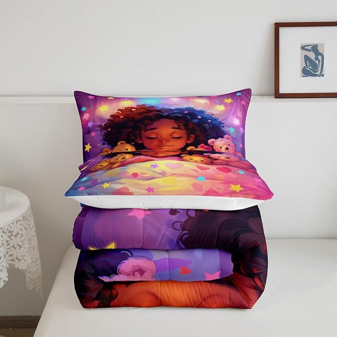 Manfei Black Cute Girl Comforter Set with 2 Pillowcases,Kawaii Sleeping Kid Cartoon Toy Microfiber Bedding Set for Adults Kids,Neon Colorful Stars Dreamy Starry Night Duvet Set for Bedroom,King - Image 5