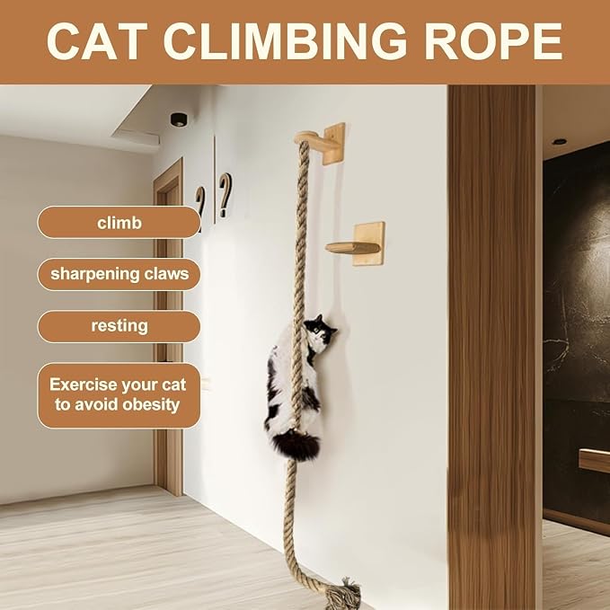 Cat Scratching Post Wall Mounted Climbing Rope Set – Double Platform, Sisal Rope, Space Saving, Easy Install, Multi-Level Cat Playground (Light Brown) - Image 4