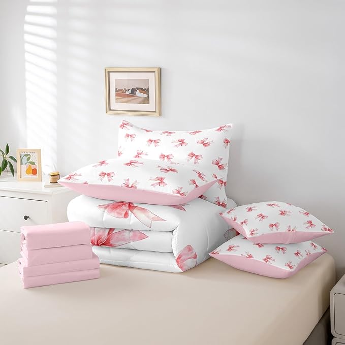 Erosebridal 7 Piece Bowknot Full Bedding Set for Girls Women,Dreamy Princess Style Kids Comforter Set for Teens Bedroom Decor,Pink Kawaii Bow Bed in a Bag,Romantic Valentine Sheet Set with Comforter - Image 6