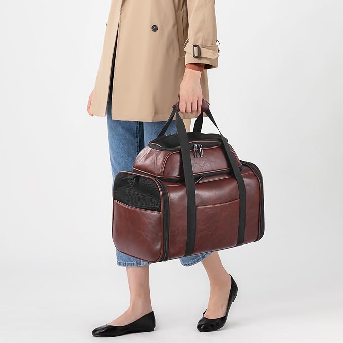 Premium Leather Top Expandable Pet Carrier for Small Dogs & Cats Under 15 lbs, Airline Approved Collapsible Soft-Sided Luxury Travel Bag Coffee