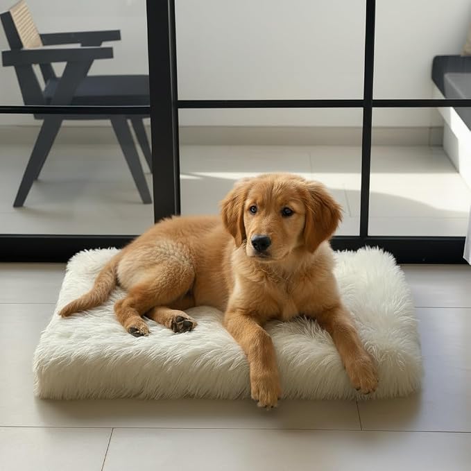 Faux Fur Orthopedic Rectangular Dog Bed, Memory Foam, White Medium 35"x23" | Plush Sheepskin Style Furry Rug, Calming for Senior and Large Dogs, Washable Waterproof Cover, Fits Crates and Floors - Image 2