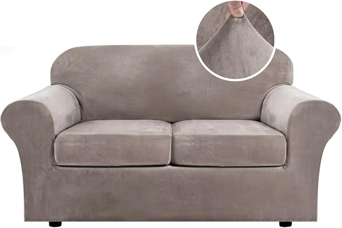 H.VERSAILTEX Real Velvet Plush 3 Piece Stretch Sofa Covers Couch Covers for 2 Cushion Couch Loveseat Covers Width Up to 72 Inch Feature Thick Soft Stay in Place (Medium Sofa, Taupe) by HVERSAILTEX