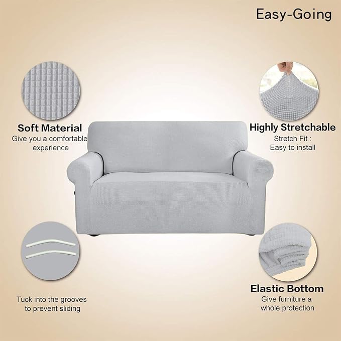 Easy-Going Stretch Loveseat Couch Covers Washable Silver Gray | 1-Piece Loveseat Covers for 2 Cushion Couch Furniture Protector RV Sofa Slipcover Soft with Bottom for Kids Pets - Image 3