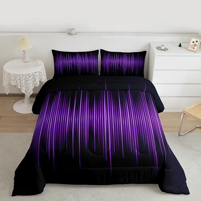 Geometric Abstract Stripes Kids Comforter Set Queen Size,Purple Gradient Lines Bedding Set,Boys Girls Adults Bedroom Decor,Modern Stylish Down Comforter,Black Simple Duvet Insert,3pcs,2 Pillowcases - Image 4