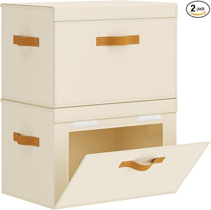 Homsorout Large Storage Bins with Lids - Front Opening Fabric Storage Bins, Flap Closet Organizer with Handles, Collapsible Boxes with Lid, Decorative Basket for Home, Dorm, 2 Pack, Beige by Homsorout