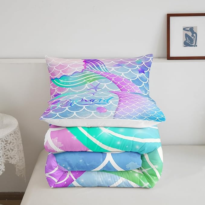 Homewish Fish Scale Comforter Set Mermaid Fish Scale Duvet Insert Watercolor Mermaid Bedding Set 2pcs for Kids Girls Soft Microfiber Quilted Duvet with 1 Pillowcase, Twin Size - Image 6