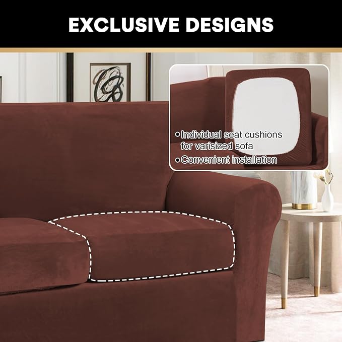 PrinceDeco Couch Cover Velvet Plush Sofa Covers for 2 Cushion Couch Width Up to 90 Inch Washable Furniture Protector Pet Friendly No Slip Sofa Slipcover(Medium-Large, Burnt Brick) - Image 5