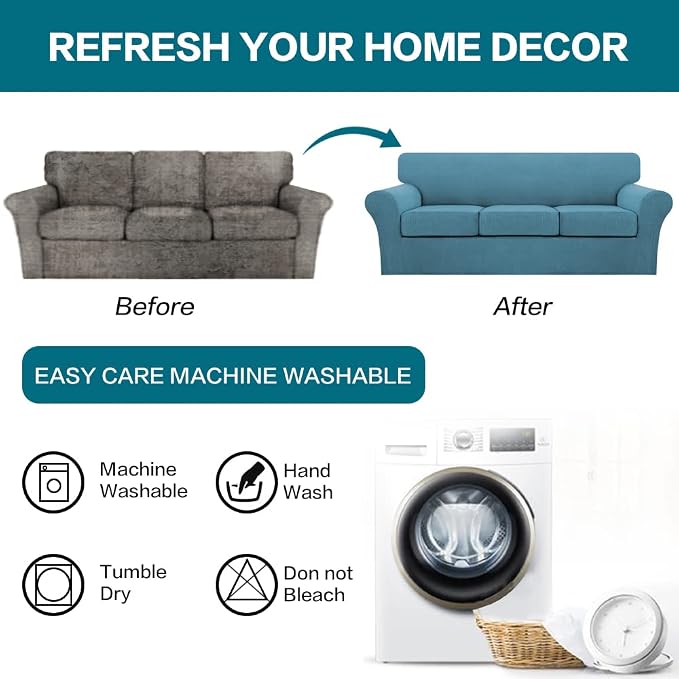 Turquoize 4 Piece Sofa Covers for 3 Cushion Couch Sofa Slipcover Soft Couch Cover for Dogs-Washable Sofa Furniture Covers with 3 Individual Cushion Covers, Jacquard Fabric (3 Cushion Sofa, Storm Blue) - Image 7
