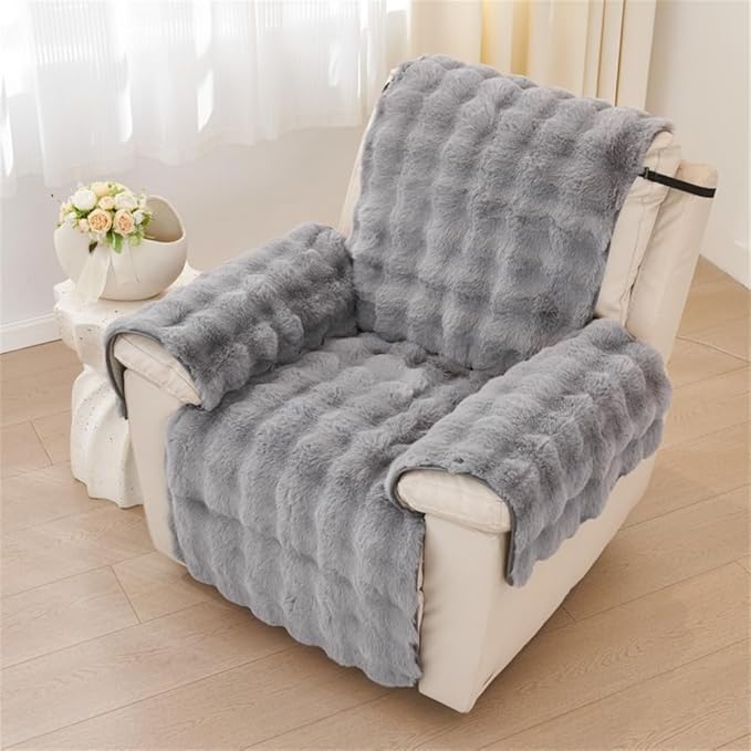 Plush Recliner Slipcover Home Faux Fur Fluffy Recliner Chair Slipcover Non Slip Back Fuzzy Fluffy Reclining Couch Cover Soft Comfort Sofa Slipcover Washable Furniture Protector (Gray) by Triflice