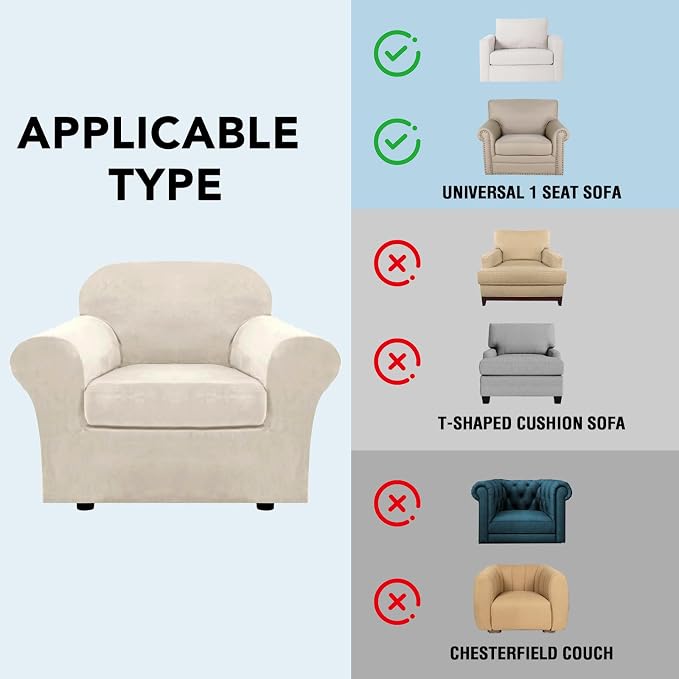 H.VERSAILTEX Rich Velvet Stretch 2 Piece Cover Chair Slipcover Sofa Cover Furniture Protector Couch Soft with Elastic Bottom Chair Couch Cover with Arms Width Up to 49 Inch(Chair, Ivory) - Image 8