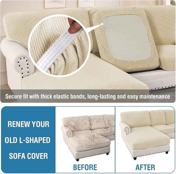 H.VERSAILTEX Sectional Couch Covers 8 Pieces Stretch Sofa Covers for Sectional Sofa Set Separate L Shaped Couch Cover for Both Left/Right Couch (Seat and Back: 1 Chaise + 3 Sofa, Natural) - Image 6