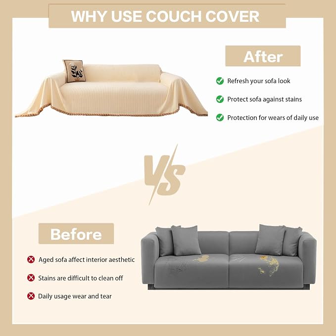 DREAMINGO Striped Chenille Couch Cover Blanket Washable Furniture Protector for Pets/Kids Farmhouse Modern Style Decorative Sofa Throw Cover for Living Room, Pom Pom Trim, Cream Beige, 71"x150" - Image 5