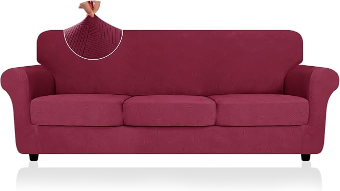 ZNSAYOTX 4 Piece Stretch XL-Sofa Covers (91"-110") for 3 XL Cushion Couch, Thick Couch Cover with Elastic Band Bottom Ties Non-Slip Stay in Place, Soft Durable Oversized Slipcovers, Wine Red by ZNSAYOTX