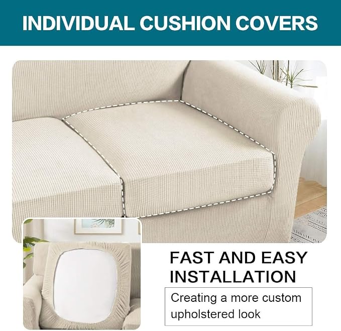 Turquoize 4 Piece Couch Cover Sofa Covers for 3 Cushion Couch Sofa Slipcovers Washable Sofa Cover for Dogs with Individual Couch Cushion Covers Feature Jacquard Fabric(3 Cushion Sofa, Biscotti Beige) - Image 5