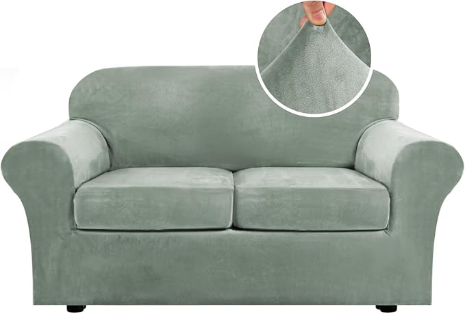H.VERSAILTEX Real Velvet Plush 3 Piece Stretch Sofa Covers Couch Covers for 2 Cushion Couch Loveseat Covers Width Up to 72 Inch Thick Stay in Place (Medium Sofa, Sea Grass) by HVERSAILTEX