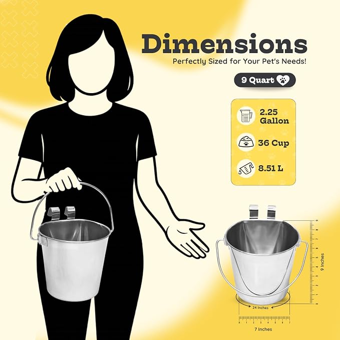 9 Quart Stainless Steel Flat Sided Bucket with Dual Hooks | 2 Pcs Food & Water Bowl for XL Dog Goat Cattle Horse & Livestock | Fits kennel Crate Cages Farm Hanging Pet Pail | Multipurpose - Image 7