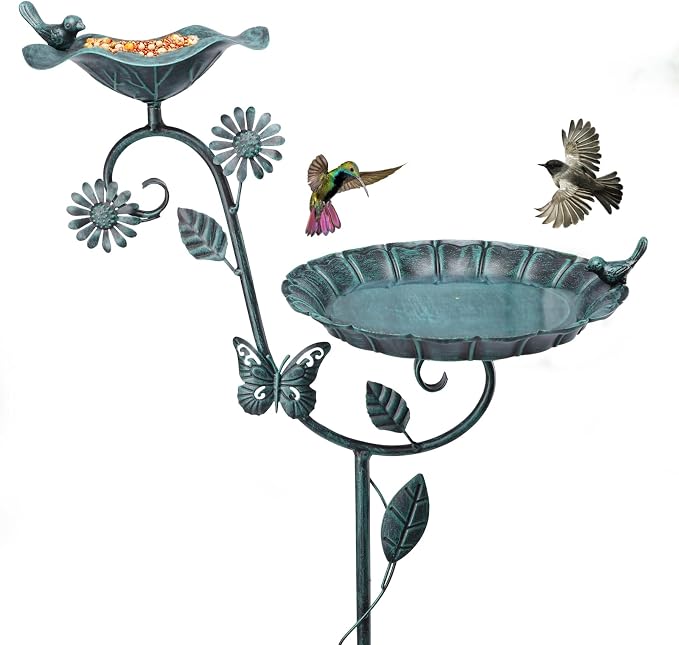 MUMTOP Bird Bath and Feeder for Outdoors, 53in Height Metal Birdbath Green | Antique Garden Bird Feeder and Bath with Stable Metal Stake for Outside Yard Lawn Decor, Metal Garden Bird Water Station by MUMTOP